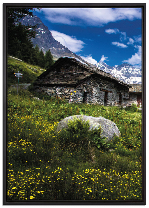 Wunderschöne Berghütte auf Leinwandbild gerahmt Größe 100x70