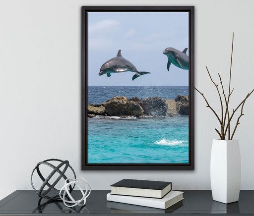 springende Delphine auf Leinwandbild gerahmt mit Kirschblüten