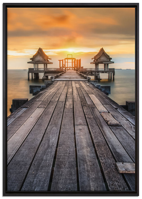Bootssteg im Sonnenuntergang auf Leinwandbild gerahmt Größe 100x70