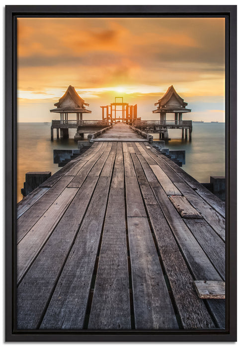 Bootssteg im Sonnenuntergang auf Leinwandbild gerahmt Größe 60x40