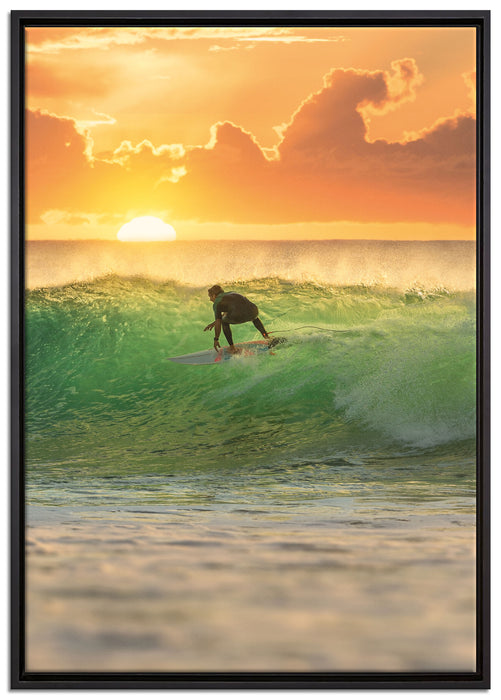 Surfen im Sonnenuntergang auf Leinwandbild gerahmt Größe 100x70