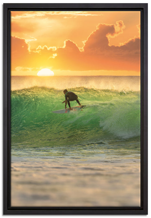 Surfen im Sonnenuntergang auf Leinwandbild gerahmt Größe 60x40