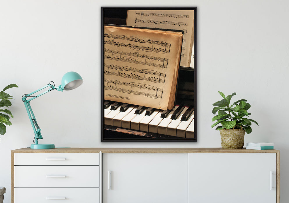 Klavier mit Notenblätter auf Leinwandbild gerahmt verschiedene Größen im Wohnzimmer