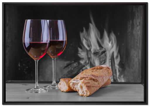 Baguette Wein Picknick auf Leinwandbild gerahmt Größe 100x70