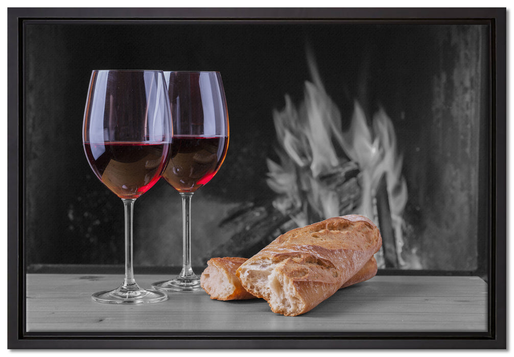 Baguette Wein Picknick auf Leinwandbild gerahmt Größe 60x40