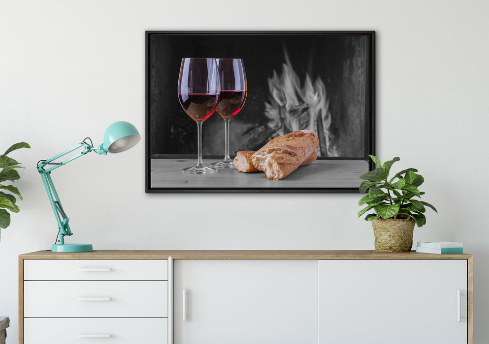 Baguette Wein Picknick auf Leinwandbild gerahmt verschiedene Größen im Wohnzimmer