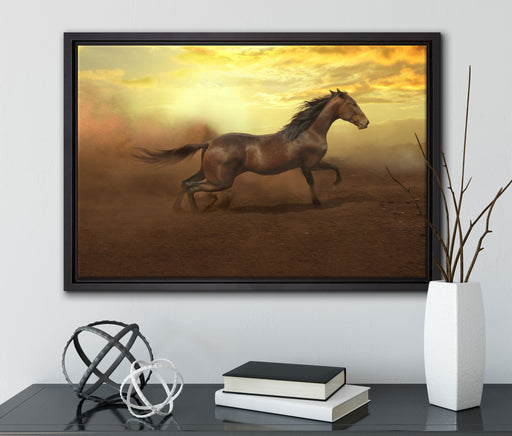 Rennendes Wildpferd auf Leinwandbild gerahmt mit Kirschblüten