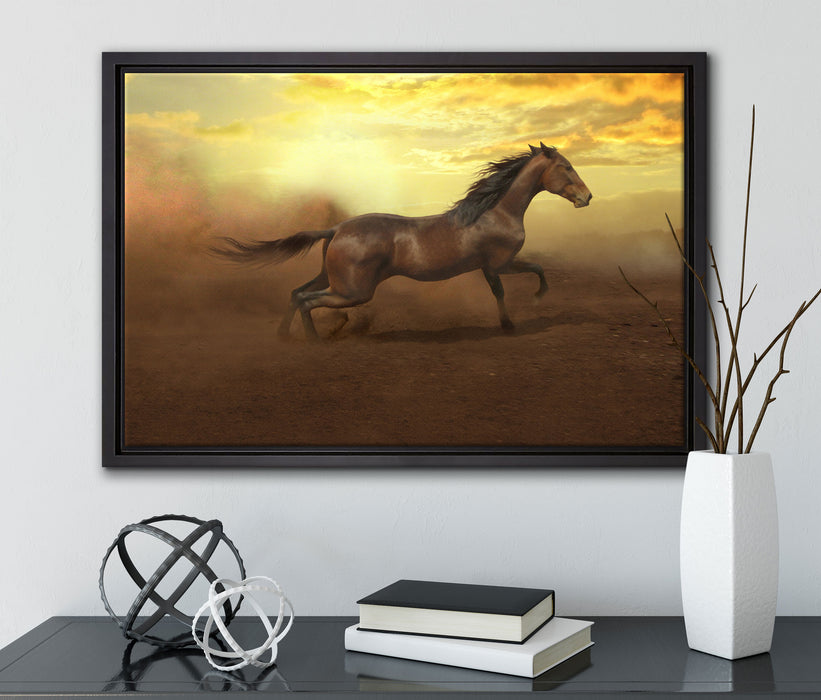 Rennendes Wildpferd auf Leinwandbild gerahmt mit Kirschblüten