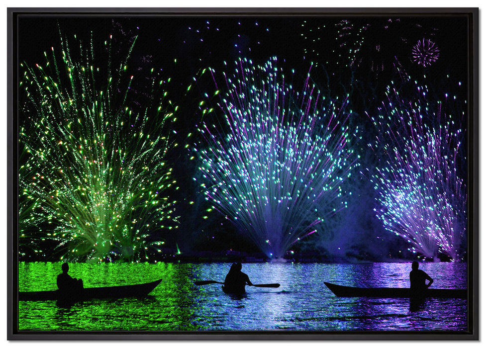 Feuerwerk auf dem Wasser auf Leinwandbild gerahmt Größe 100x70