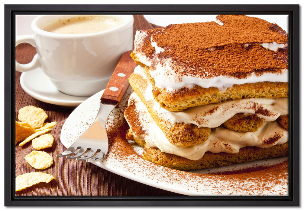 Leckeres Dessert mit Kaffee auf Leinwandbild gerahmt Größe 60x40