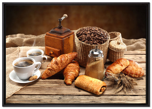 Aromatischer Kaffee mit Croissant auf Leinwandbild gerahmt Größe 100x70