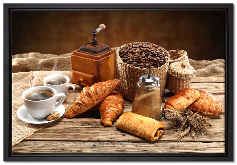 Aromatischer Kaffee mit Croissant auf Leinwandbild gerahmt Größe 60x40