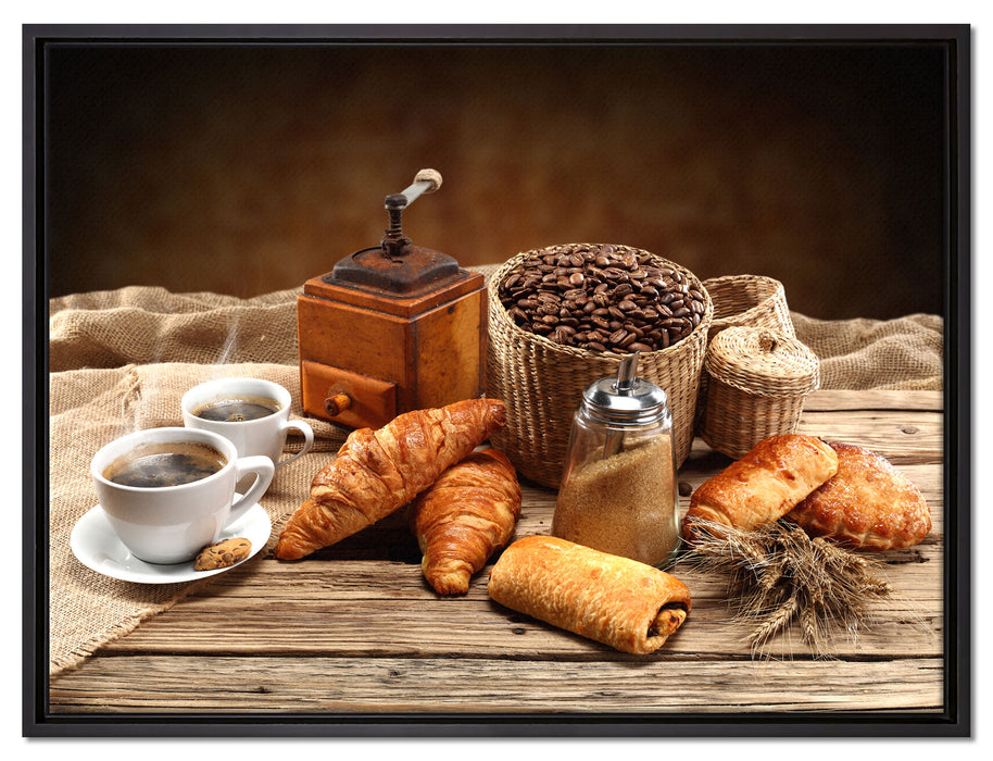 Aromatischer Kaffee mit Croissant auf Leinwandbild gerahmt Größe 80x60
