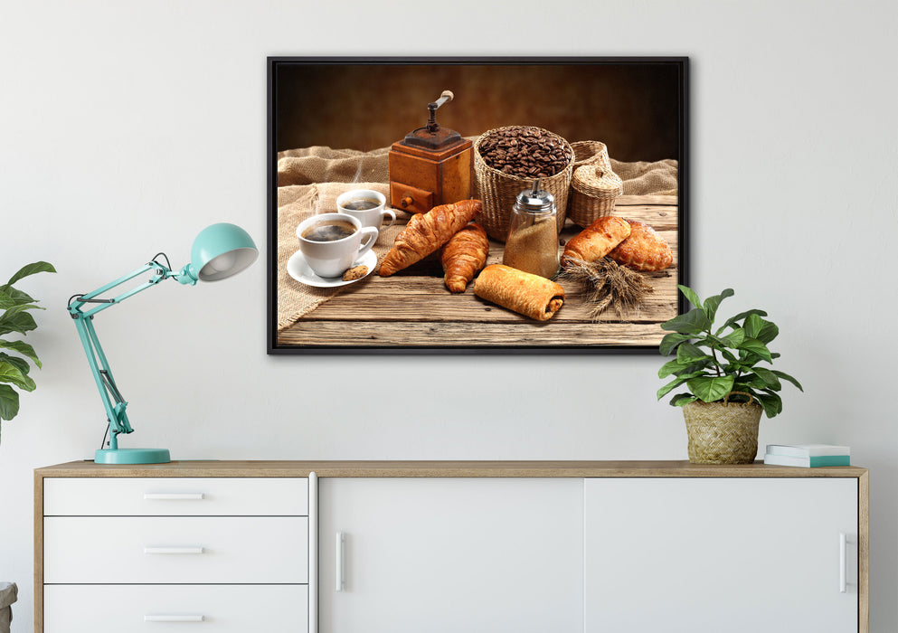 Aromatischer Kaffee mit Croissant auf Leinwandbild gerahmt verschiedene Größen im Wohnzimmer