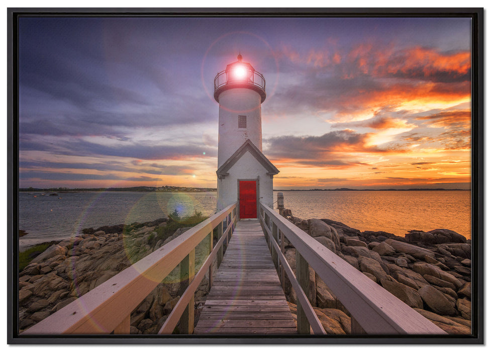 Leuchtturm bei Sonnenuntergang auf Leinwandbild gerahmt Größe 100x70
