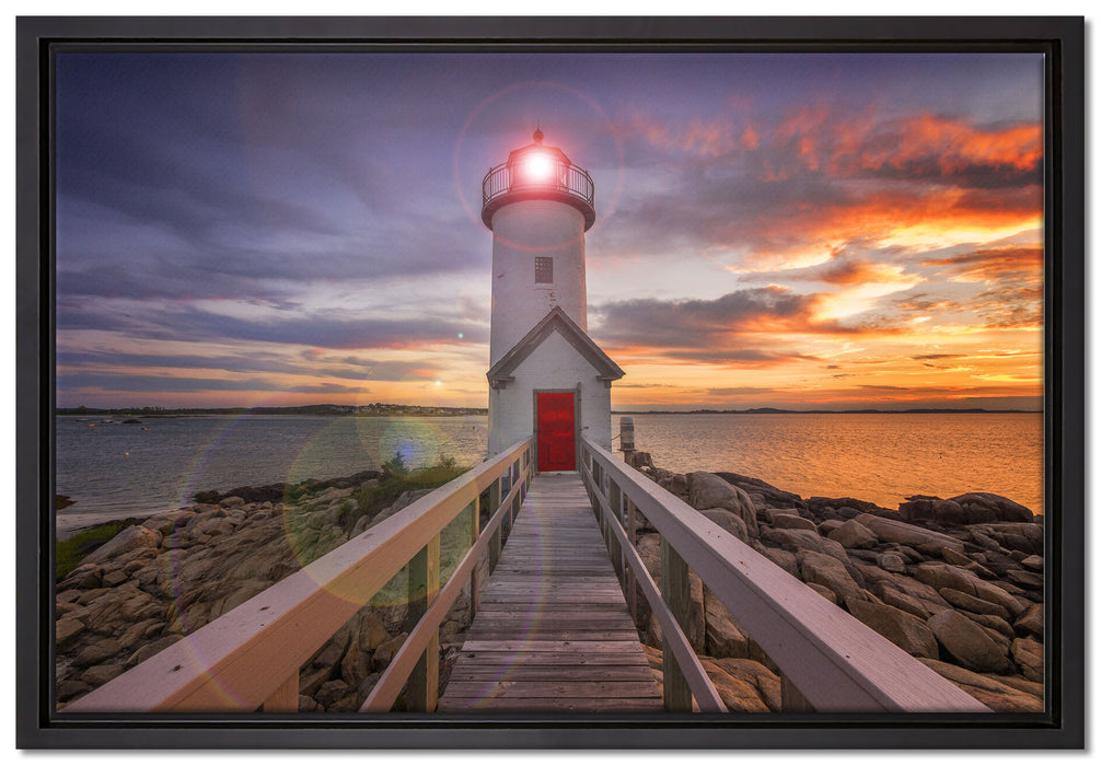 Leuchtturm bei Sonnenuntergang auf Leinwandbild gerahmt Größe 60x40
