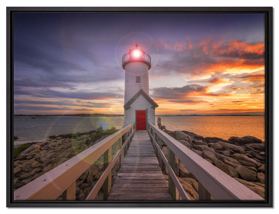 Leuchtturm bei Sonnenuntergang auf Leinwandbild gerahmt Größe 80x60