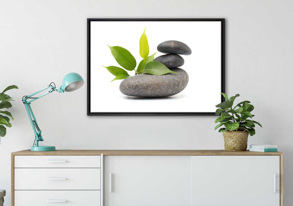 Steinbalance auf Leinwandbild gerahmt verschiedene Größen im Wohnzimmer