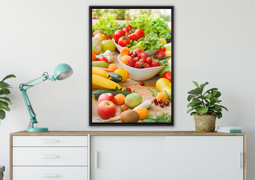 Buntes Obst und Gemüse auf Leinwandbild gerahmt verschiedene Größen im Wohnzimmer