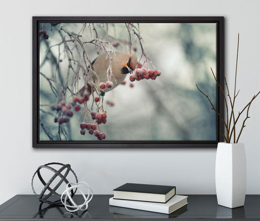 Kleiner Vogel im Vogelbeerbaum auf Leinwandbild gerahmt mit Kirschblüten