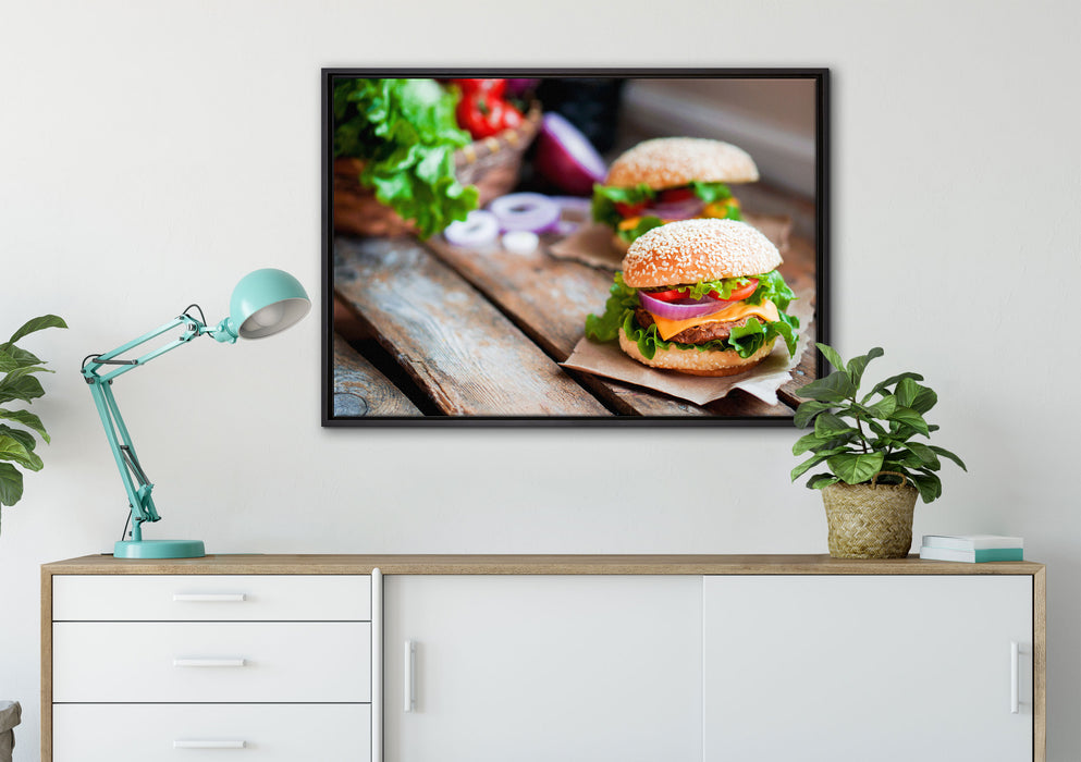 Leckere Burger auf Leinwandbild gerahmt verschiedene Größen im Wohnzimmer