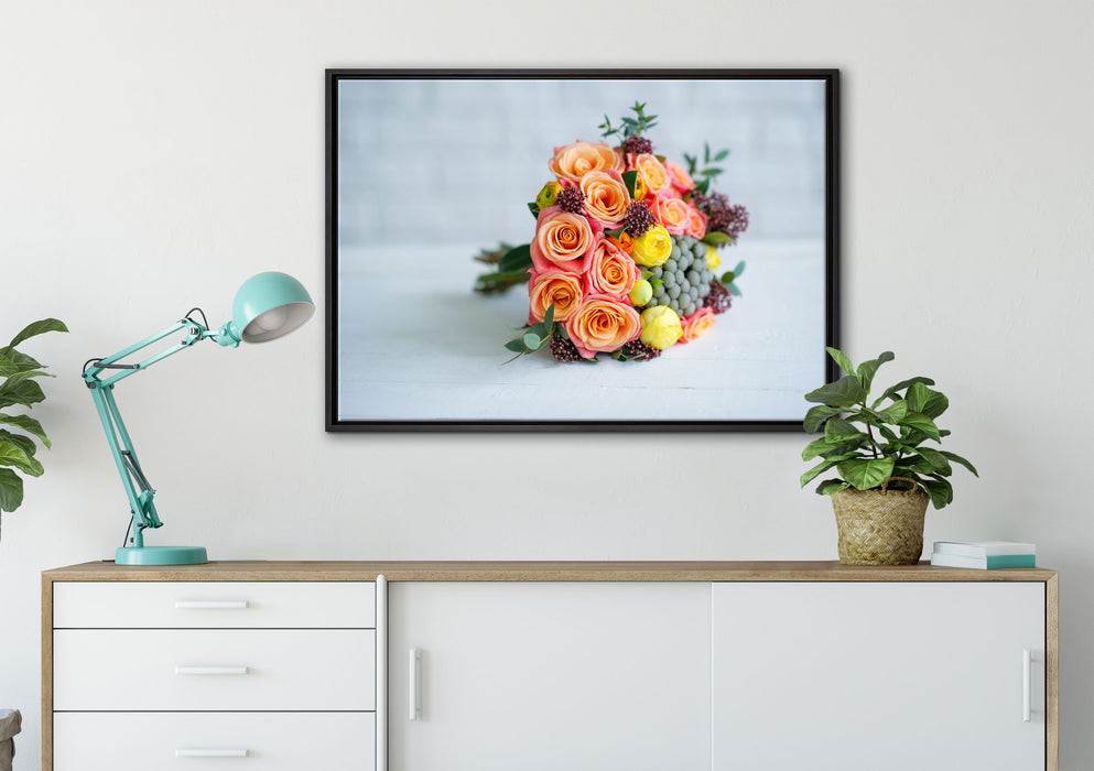 Romantischer Blumenstrauß auf Leinwandbild gerahmt verschiedene Größen im Wohnzimmer