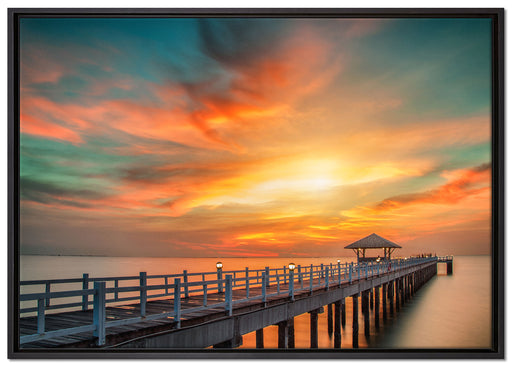 Steg ins Meer bei Sonnenuntergang auf Leinwandbild gerahmt Größe 100x70