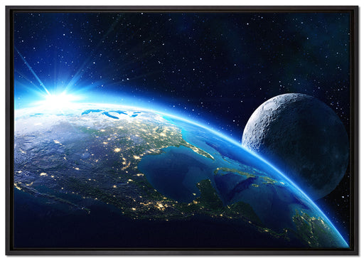 Erde und ihr Mond aus dem All auf Leinwandbild gerahmt Größe 100x70
