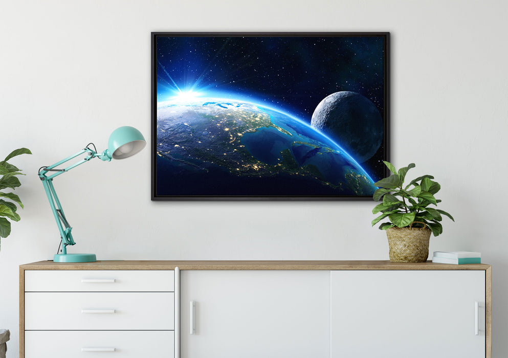 Erde und ihr Mond aus dem All auf Leinwandbild gerahmt verschiedene Größen im Wohnzimmer