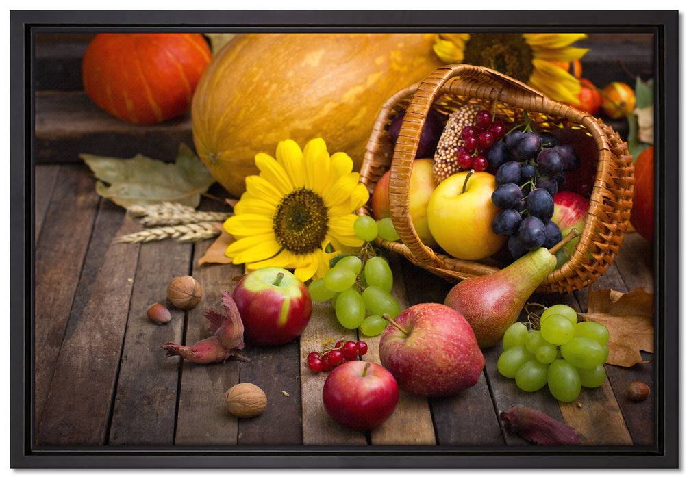 Herbstlicher Obstkorb auf Leinwandbild gerahmt Größe 60x40