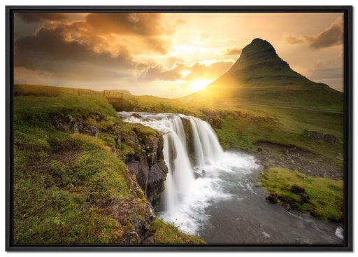 Wasserfall bei Sonnenuntergang auf Leinwandbild gerahmt Größe 100x70