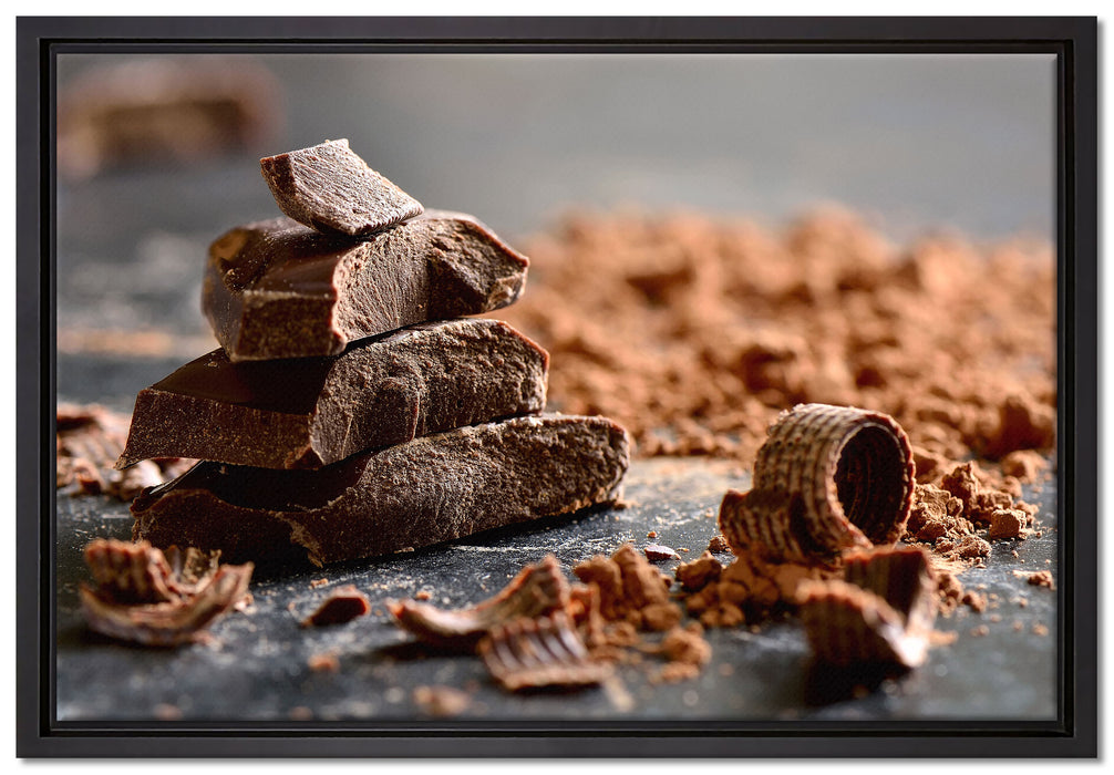 Dunkle Schokoladenraspeln auf Leinwandbild gerahmt Größe 60x40