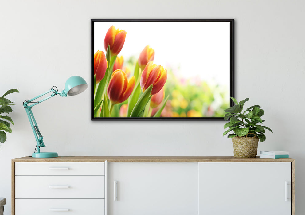 Bunte Tulpenwiese auf Leinwandbild gerahmt verschiedene Größen im Wohnzimmer