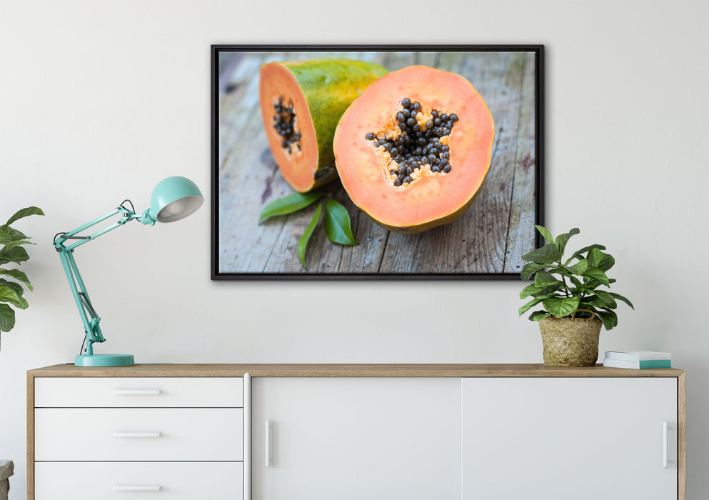 Genüssliche Papaya aufgeschnitten auf Leinwandbild gerahmt verschiedene Größen im Wohnzimmer