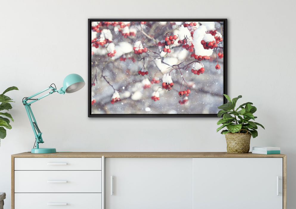 Vogelbeeren mit Schnee bedeckt auf Leinwandbild gerahmt verschiedene Größen im Wohnzimmer