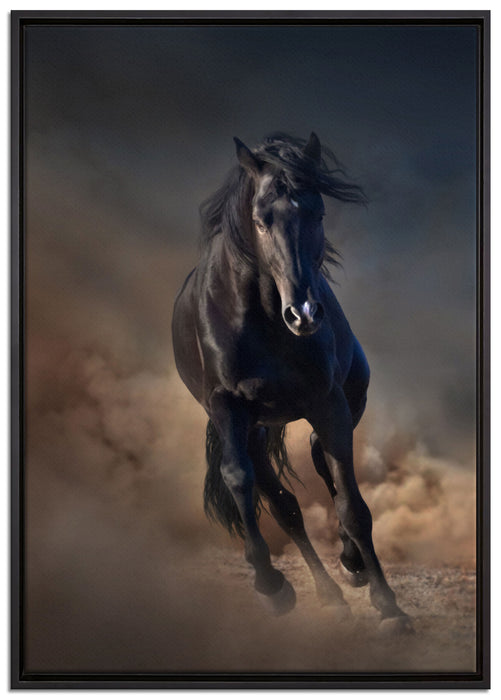 Elegantes schwarzes Pferd auf Leinwandbild gerahmt Größe 100x70