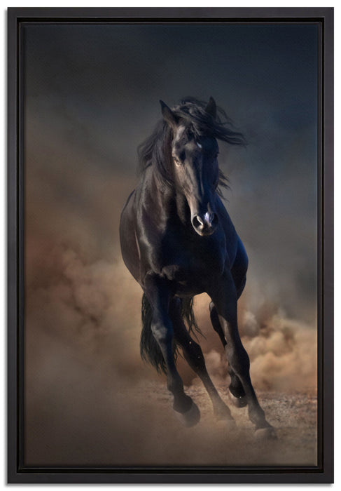 Elegantes schwarzes Pferd auf Leinwandbild gerahmt Größe 60x40