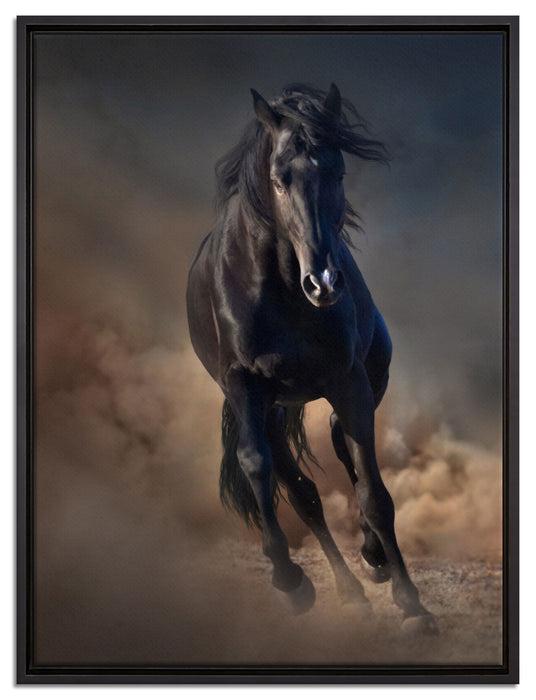 Elegantes schwarzes Pferd auf Leinwandbild gerahmt Größe 80x60