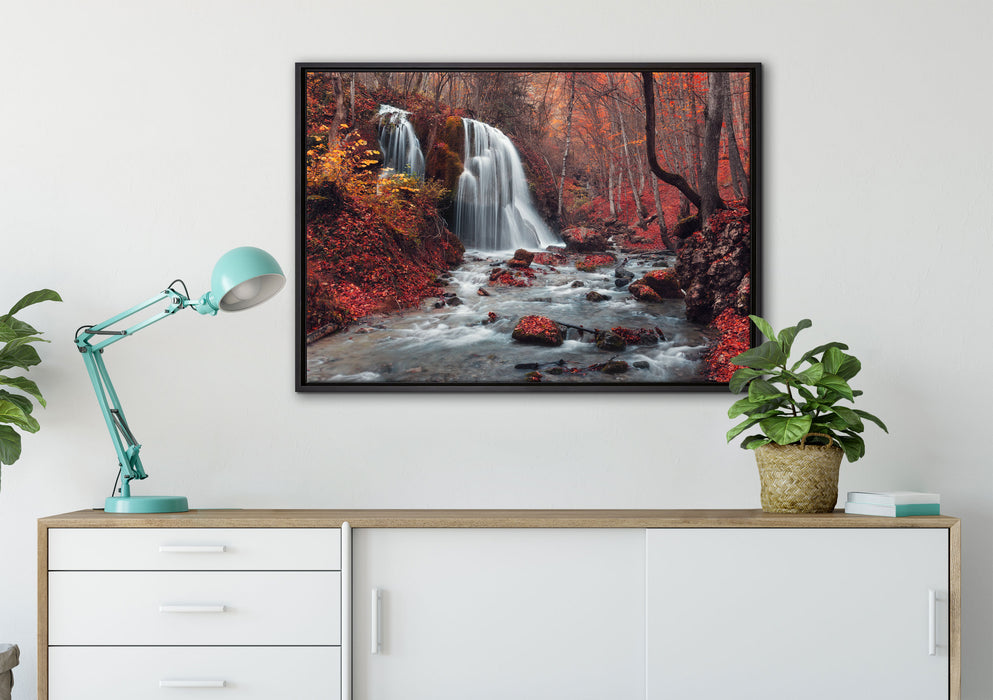 Wasserfall im Wald auf Leinwandbild gerahmt verschiedene Größen im Wohnzimmer