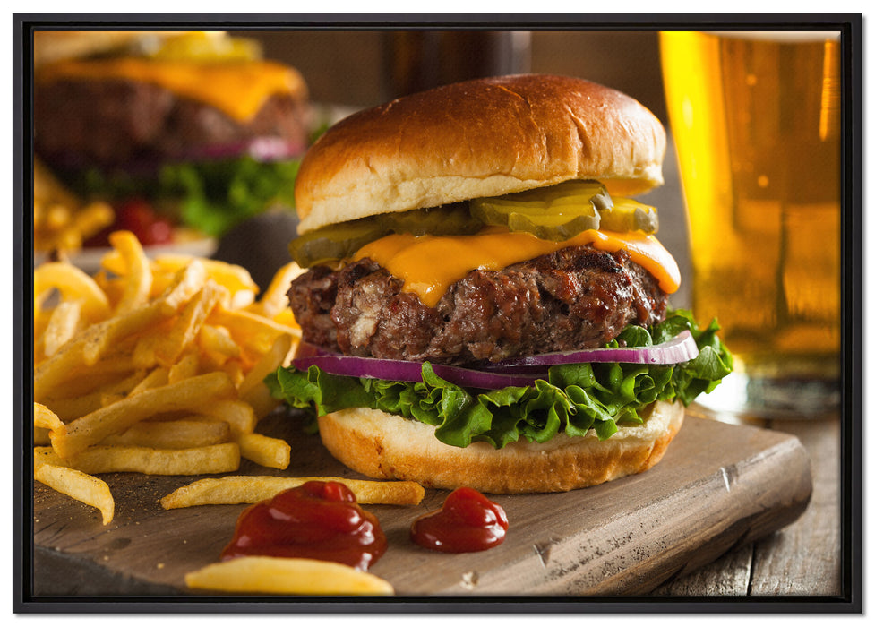 Saftiger Chili Cheese Burger auf Leinwandbild gerahmt Größe 100x70