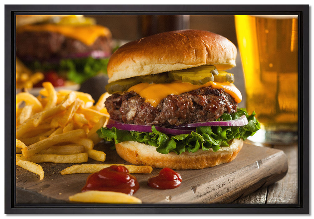 Saftiger Chili Cheese Burger auf Leinwandbild gerahmt Größe 60x40