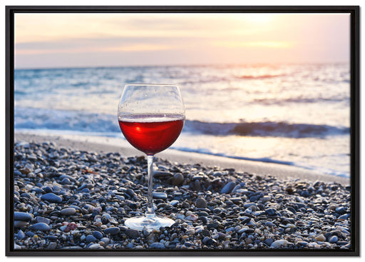 Weinglas am Strand auf Leinwandbild gerahmt Größe 100x70