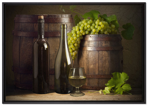 Fässer mit Weintrauben und Wein auf Leinwandbild gerahmt Größe 100x70