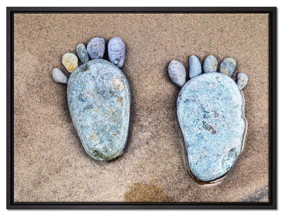 Fußabdrücke mit Steinen gelegt auf Leinwandbild gerahmt Größe 80x60