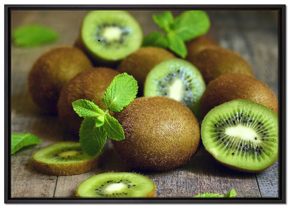 Kiwis auf Holztisch auf Leinwandbild gerahmt Größe 100x70