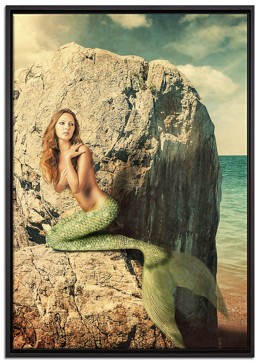 Meerjungfrau hinter Felsen auf Leinwandbild gerahmt Größe 100x70