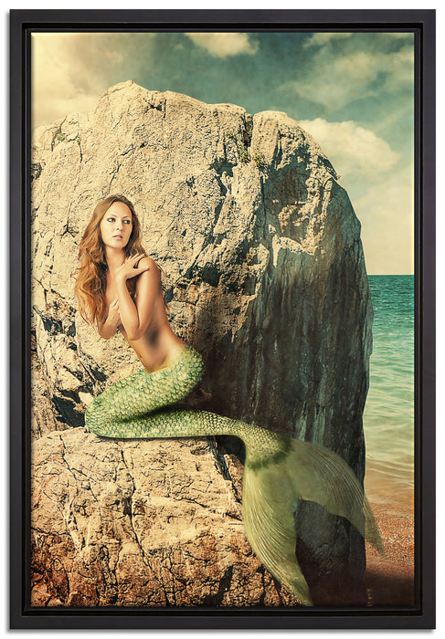 Meerjungfrau hinter Felsen auf Leinwandbild gerahmt Größe 60x40
