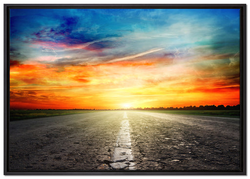 Endlose Straße im Sonnenuntergang auf Leinwandbild gerahmt Größe 100x70