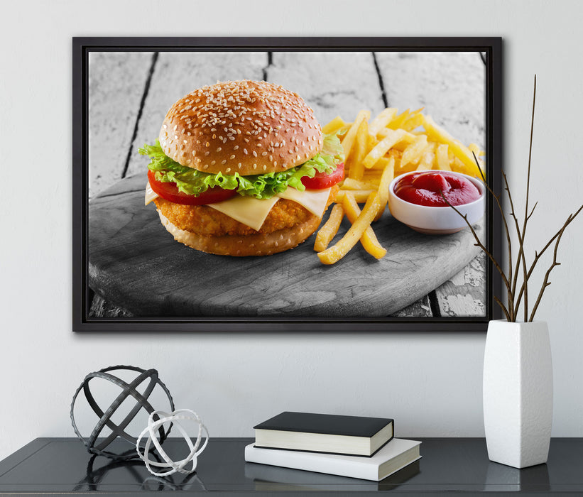 Chickenburger Pommes auf Leinwandbild gerahmt mit Kirschblüten