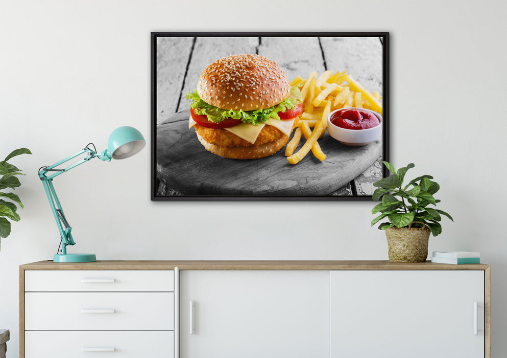 Chickenburger Pommes auf Leinwandbild gerahmt verschiedene Größen im Wohnzimmer